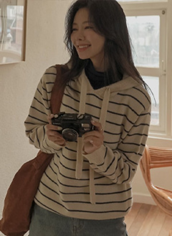 韓國條紋連帽針織上衣