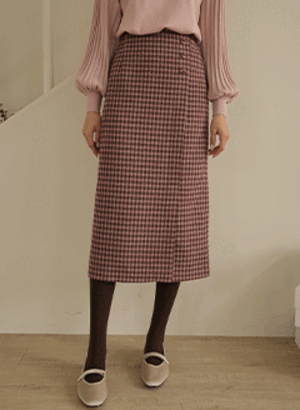 ポム ボタン装飾 ウール 格子模様スカート 韓国