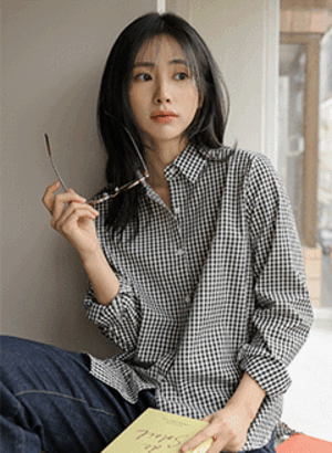 韓國小格子刺繡點綴襯衫