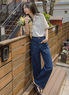 韓國涼感外口袋寬版牛仔褲
