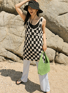 韓國素面&amp;棋盤格層疊編織洋裝
