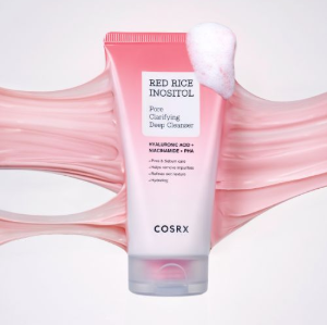 COSRX Red Rice Inositol Pore Clarifying Deep Cleanser in its pink tube for dual-use pore care.
