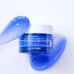 COSRX The Blue Peptide Bakuchiol Plump Bounce Cream 50g in a sleek blue jar.