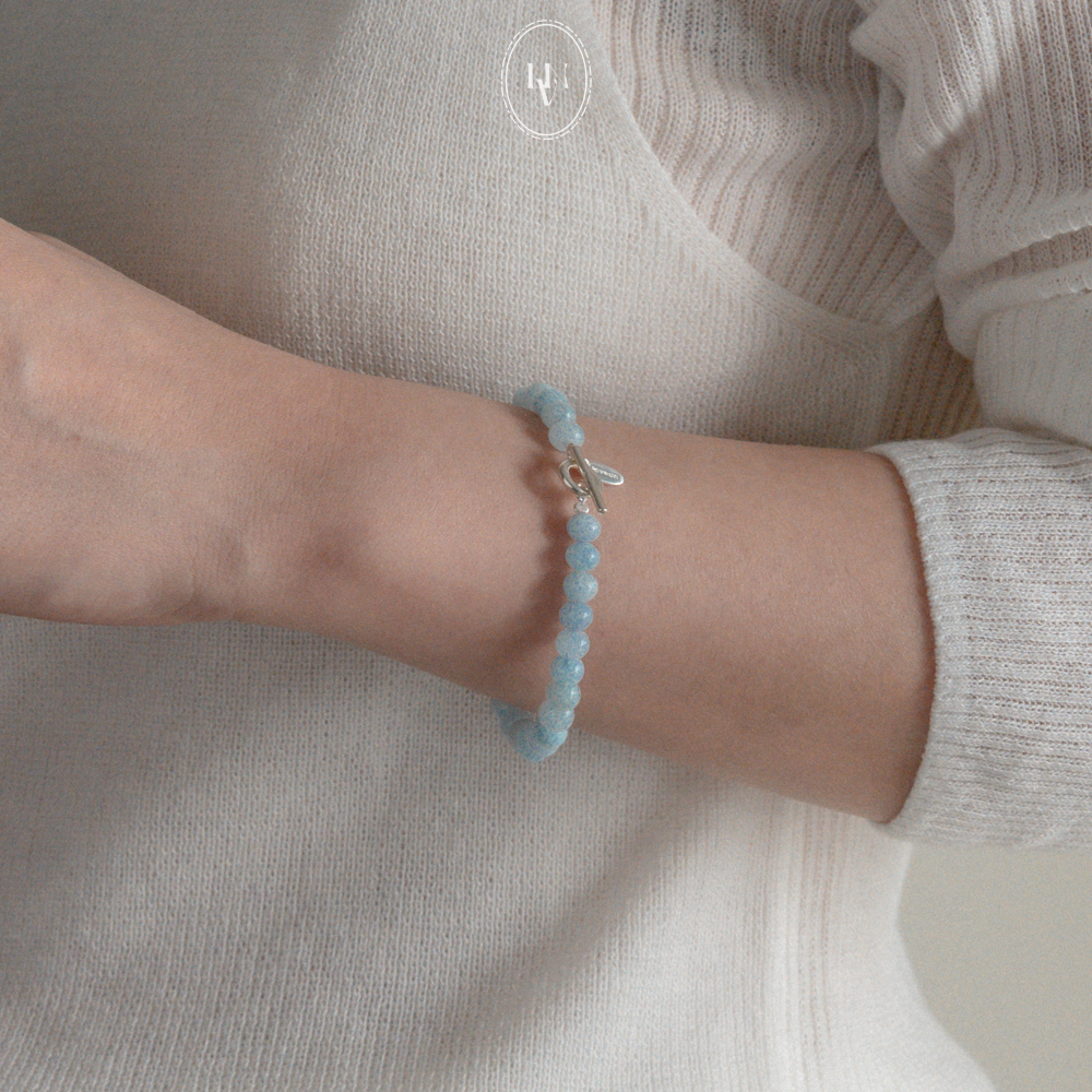 [mauve] 6mm light blue jade toggle silver 925 bracelet