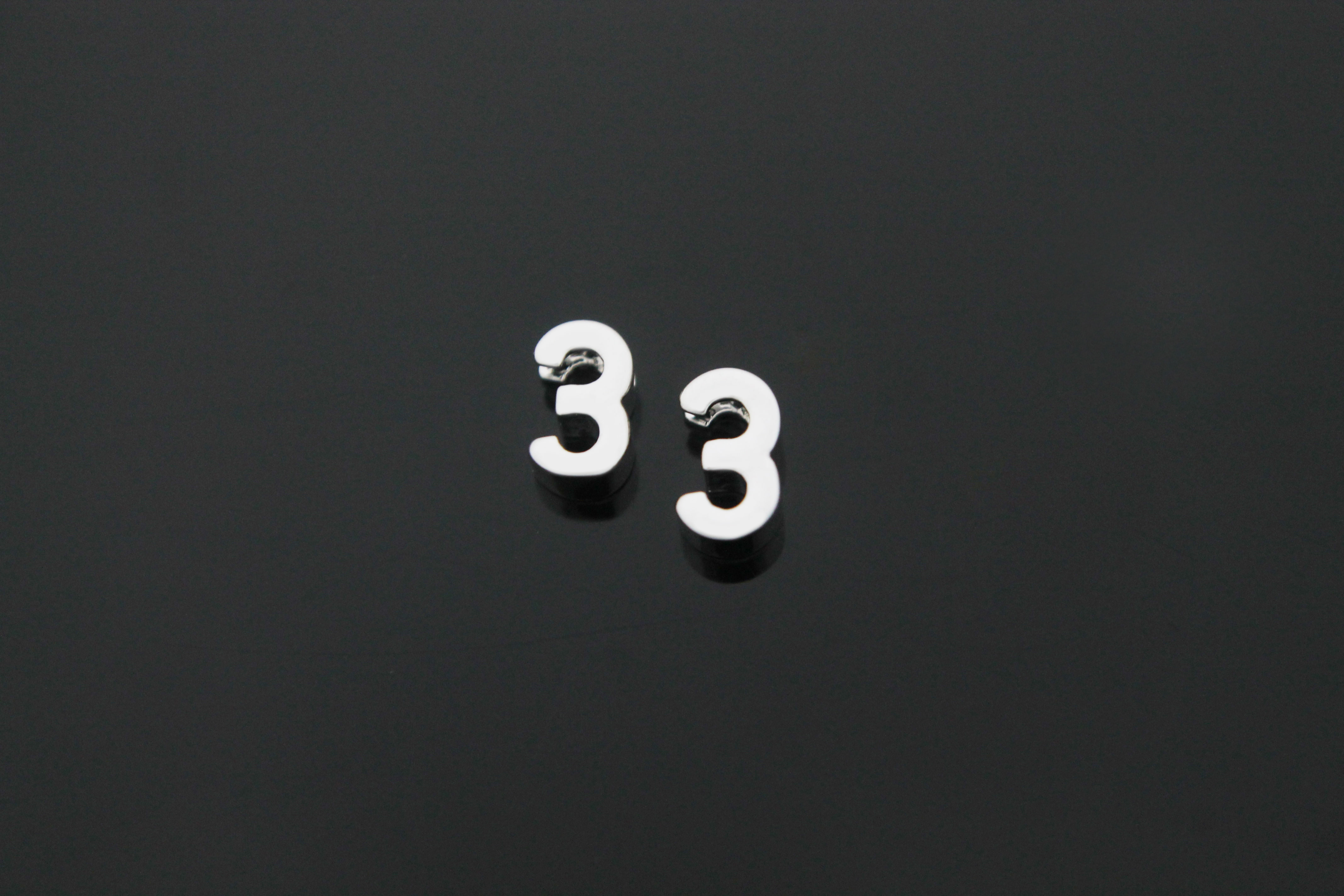 작은 숫자 3 펜던트, NU-R3, 2개, 로듐도금, 7x4x2.6mm