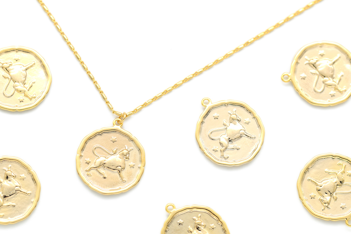 Zodiac Coin Pendant, Taurus, K10-G2, 1 piece