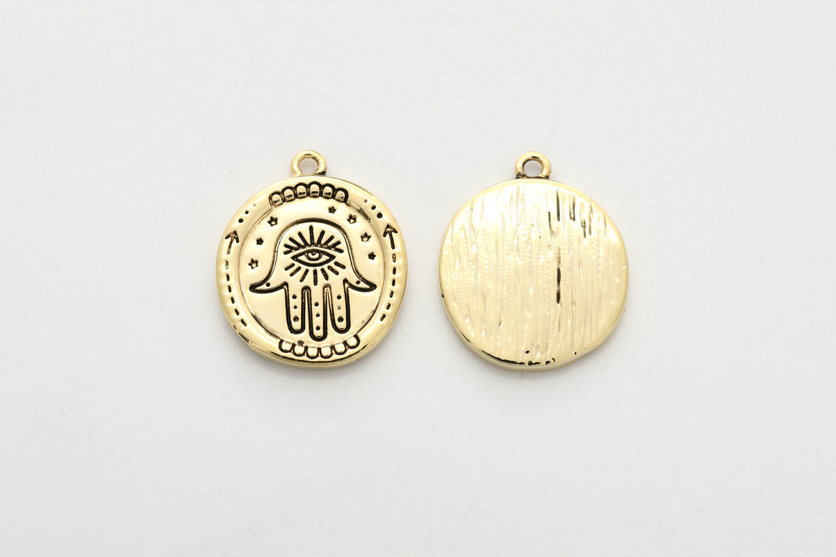 [Q16-G11A] Hamsa pendant, Antique gold plated brass, Unique pendant, Coin charm, Round pendant, Jewelry making supplies, 1 piece