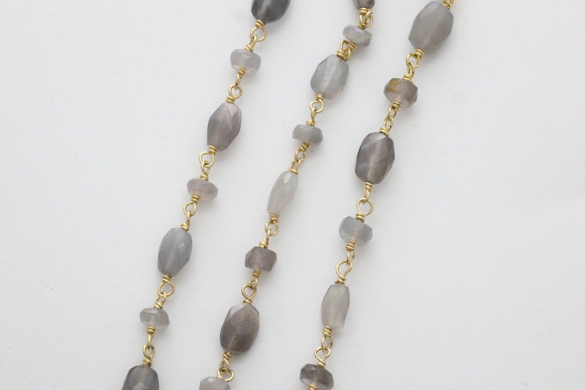 [CJ54-10] Gemstone chain (Gray moonstone - Oval &amp; button), Gold plated 925 silver, Gemstones, Nickel free, Jewelry making supplies, 1m