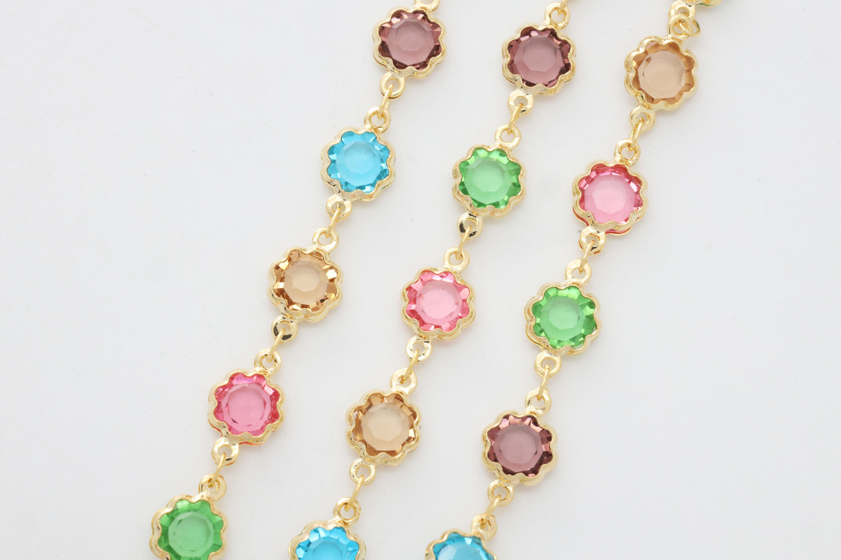 [CJ06-13] Colorful flower chain, Brass, Cubic zirconia, Nickel free, Unique chain, Necklace supplies, Jewelry makings, 1m
