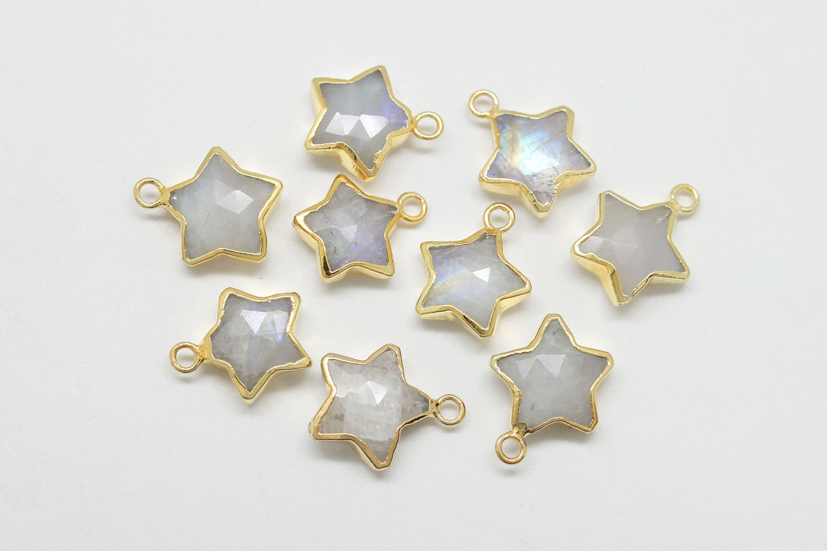 [N49-R1] Star gemstone charm (Rainbow moonstone), Gold plated 925 silver &amp; copper, Gemstone, Nickel free, Jewelry making supplies, 1 piece