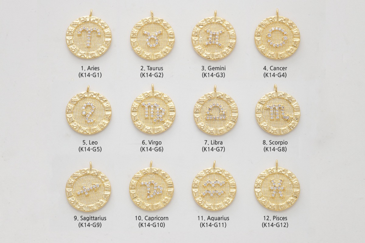 [K14-VC1] Round cubic zodiac charm, Brass, Cubic zirconia, Nickel free, Birth Sign, Constellation, CZ charm, 1 piece per sign