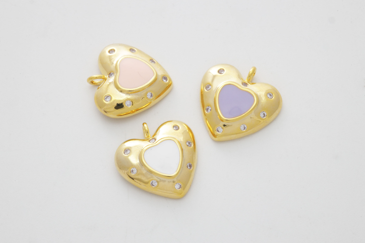 [N50-VC2] Pastel heart epoxy charm, Brass, Epoxy, Cubic zirconia, Heart pendant, Necklace makings, Jewelry making supplies, 1 piece (N50-G6, N50-G7, N50-G8)