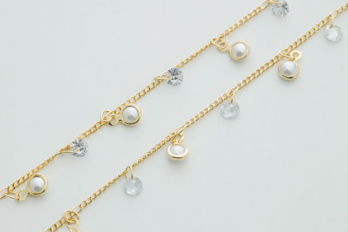 [CJ09-13] Pearl &amp; cubic dangle chain, Brass, Red brass, Acrylic pearl, Cubic zirconia, Nickel free, Necklace making supplies, 1m