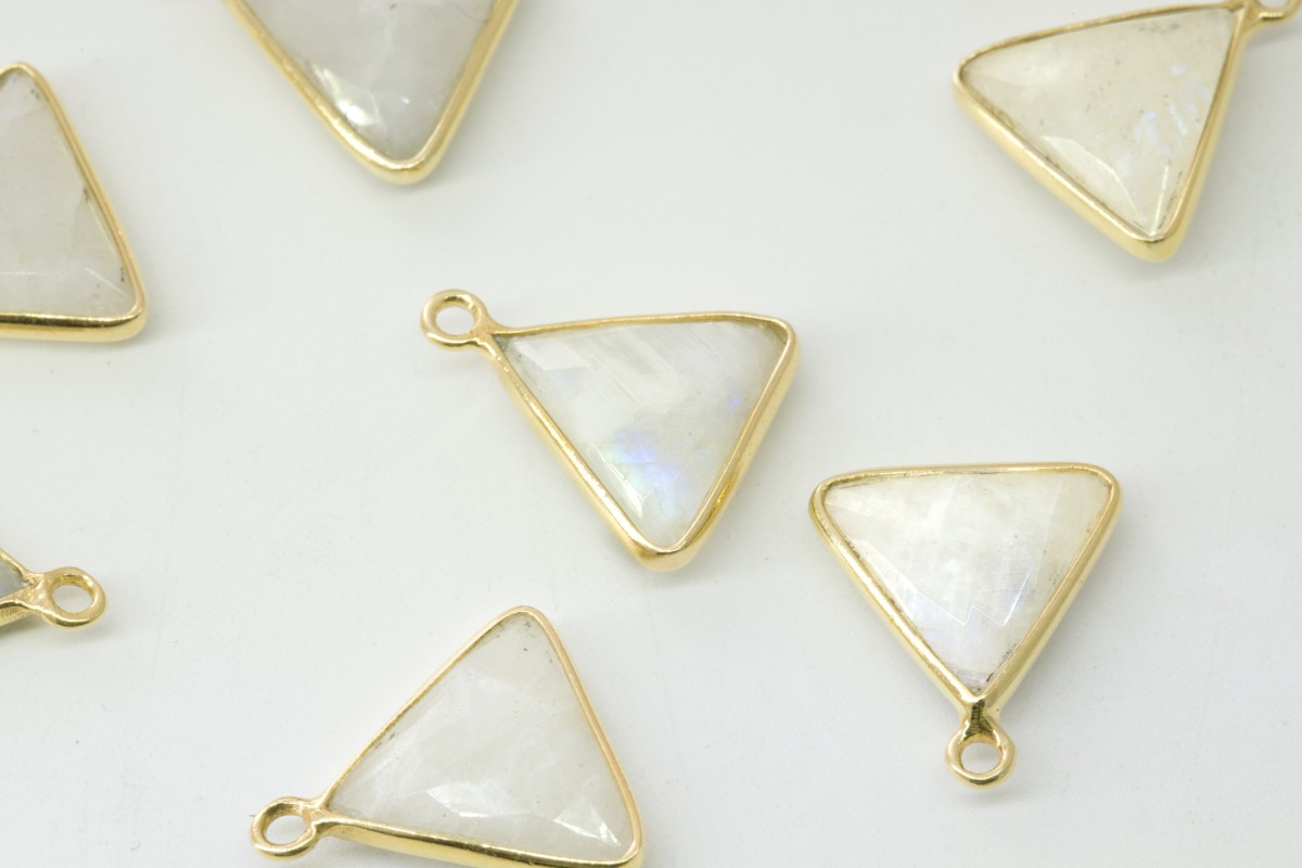 [N53-R2] Triangle gemstone charm(Rainbow Moonstone), Gold plated 925 silver &amp; copper, Gemstone, Nickel free, 1 piece