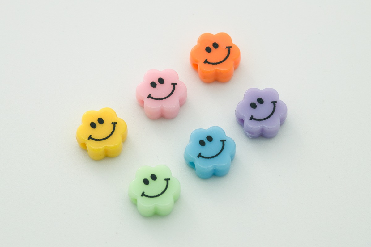 [V8-VC1] Flower smiley face beads, Acrylic, Smiley face, Smile pendant, Necklace making, Wholesale jewelry supplies, 10 pcs per color