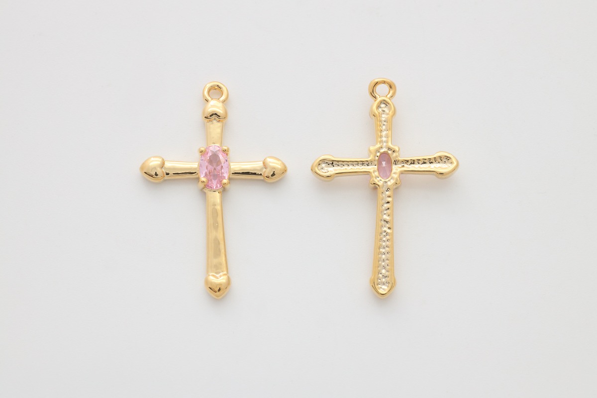 [M8-G9] Cross pendant with heart &amp; pink cubic, 16K gold plated Brass, Cubic zirconia, Nickel free, Cross pendant, Unique charm, Jewelry making supplies, 1 piece 