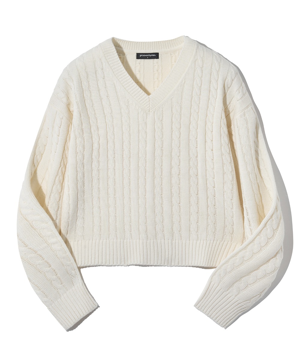 (W) V NECK CABLE KNIT (OFF WHITE) [LRSFCTK710M]