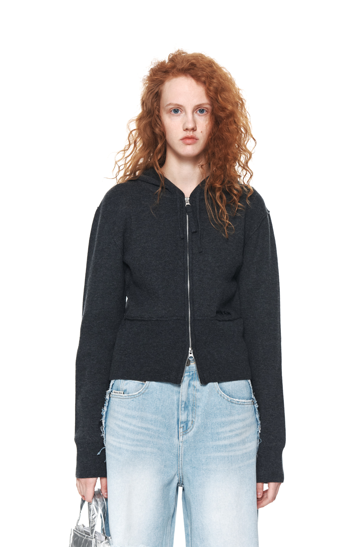 RIBBED KNIT HOODY ZIP UP FOR WOMEN IN CHARCOAL