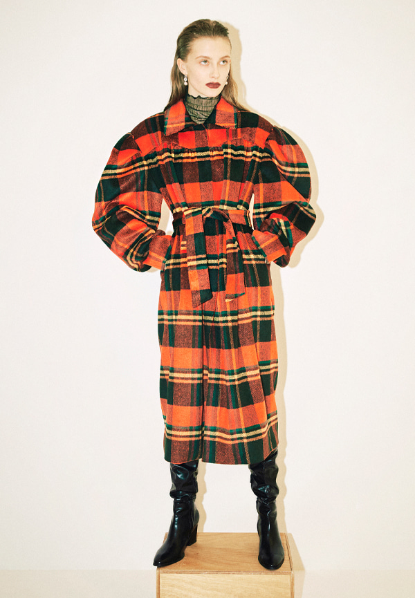 [FW20] Checked puff sleeve belted coat
