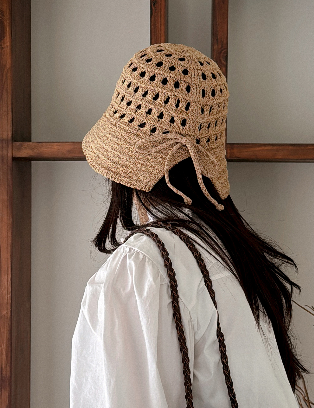매쉬 그물 뜨개 리본 여성 벙거지 여름 바캉스 버킷햇 모자