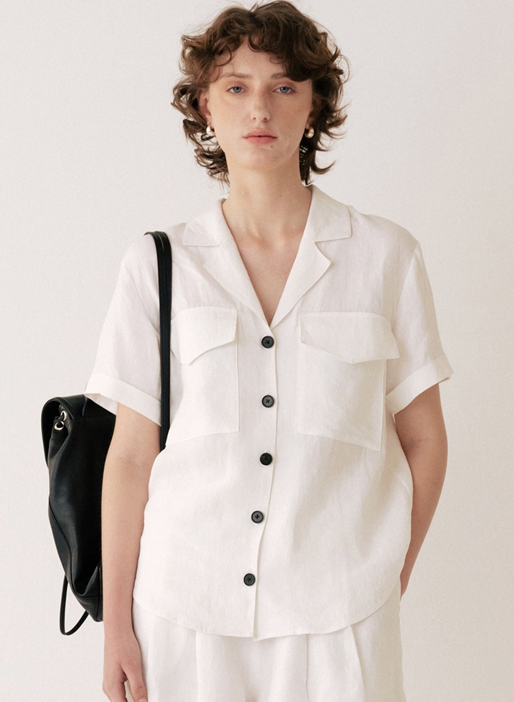 Linen Convertible Collar Half Shirt White