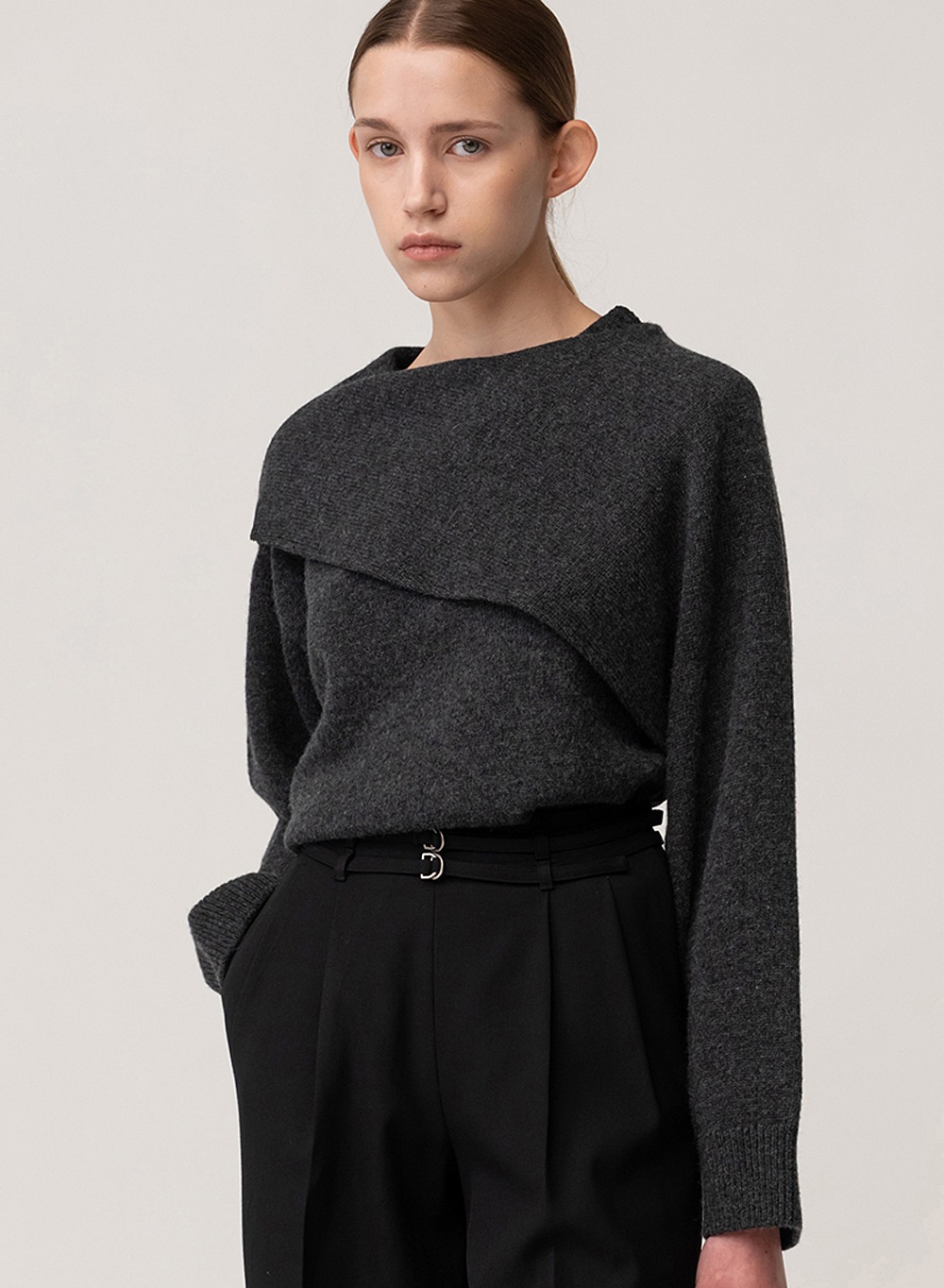 [12/19 출고]Shawl Knitted Pullover Charcoal-Melange