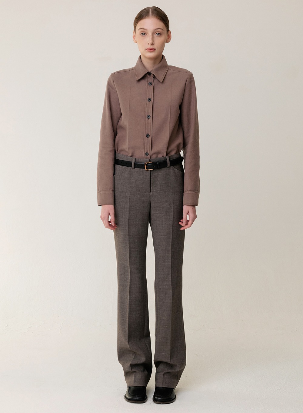 Wool Blended Slim-Fit Flare Pants Brown-Melange