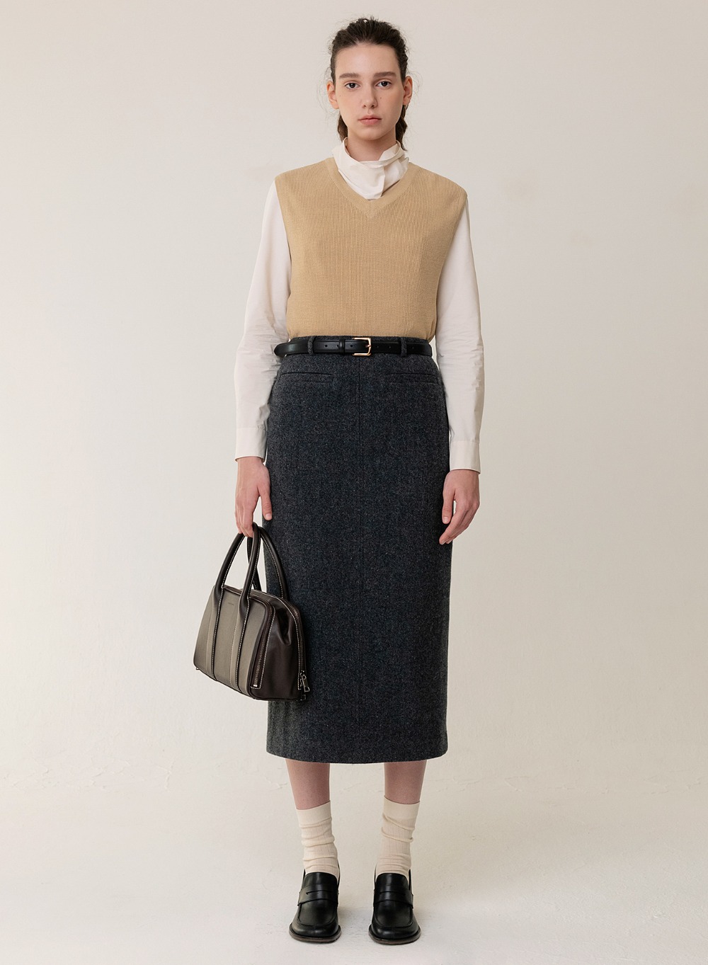 [12/13 출고]Wool-Blended Maxi H-line Skirt Charcoal-Melange