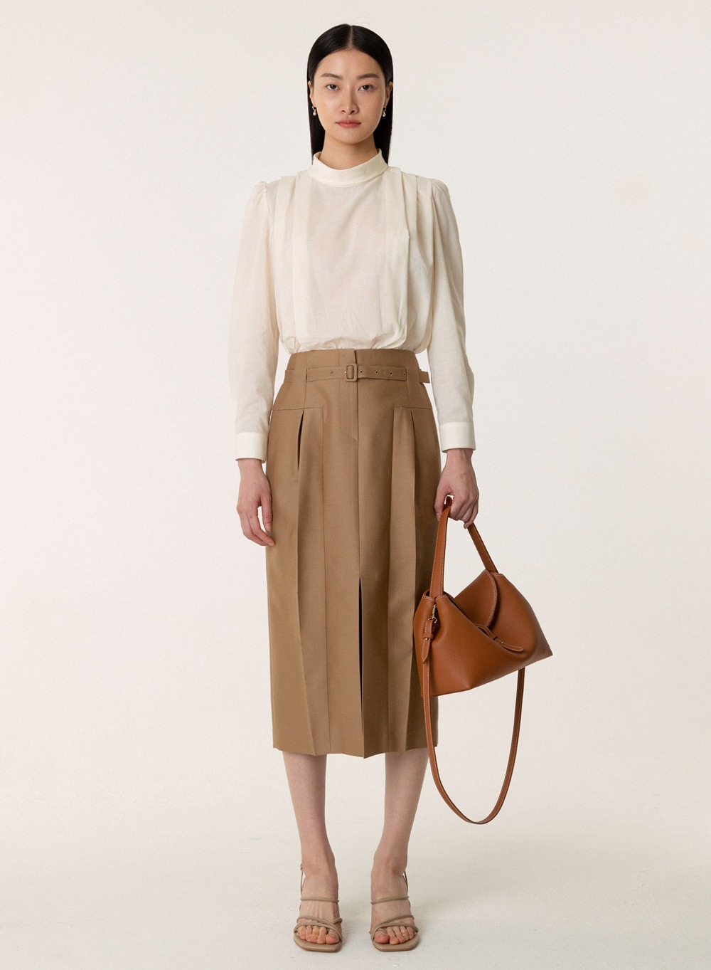 SS23 ウールシルク Wool Silk Belted Skirt Beige