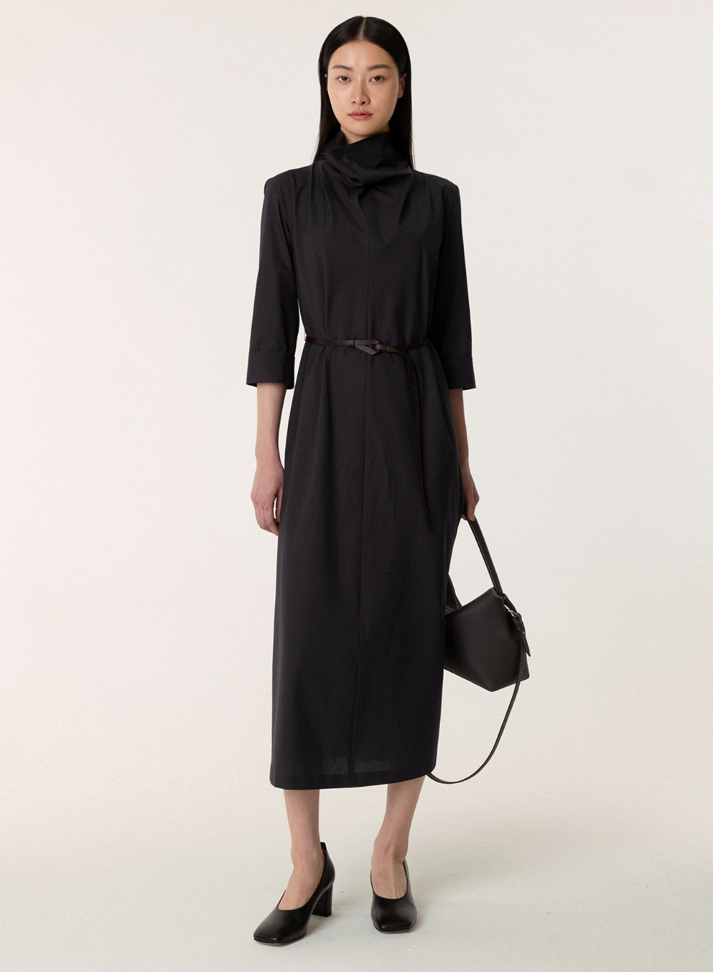 SS23 Draped Neck Belted Dress Charcoal