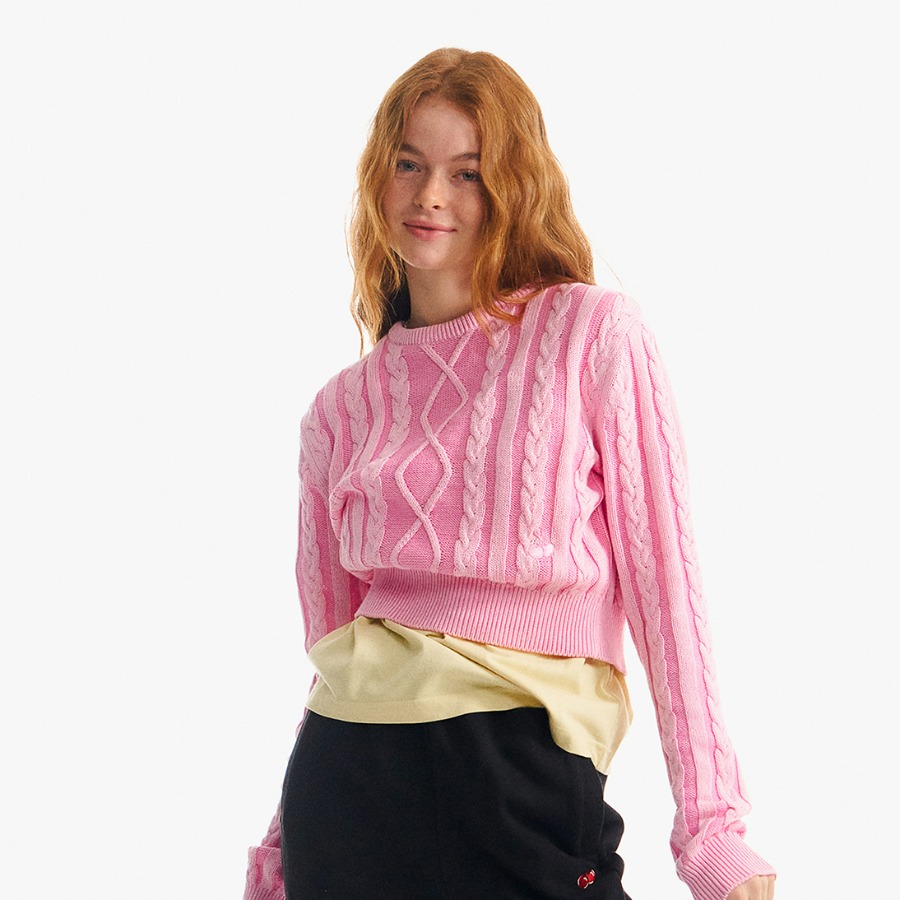 SMALL CHERRY TWO-TONE CABLE CROP KNIT [PINK]
