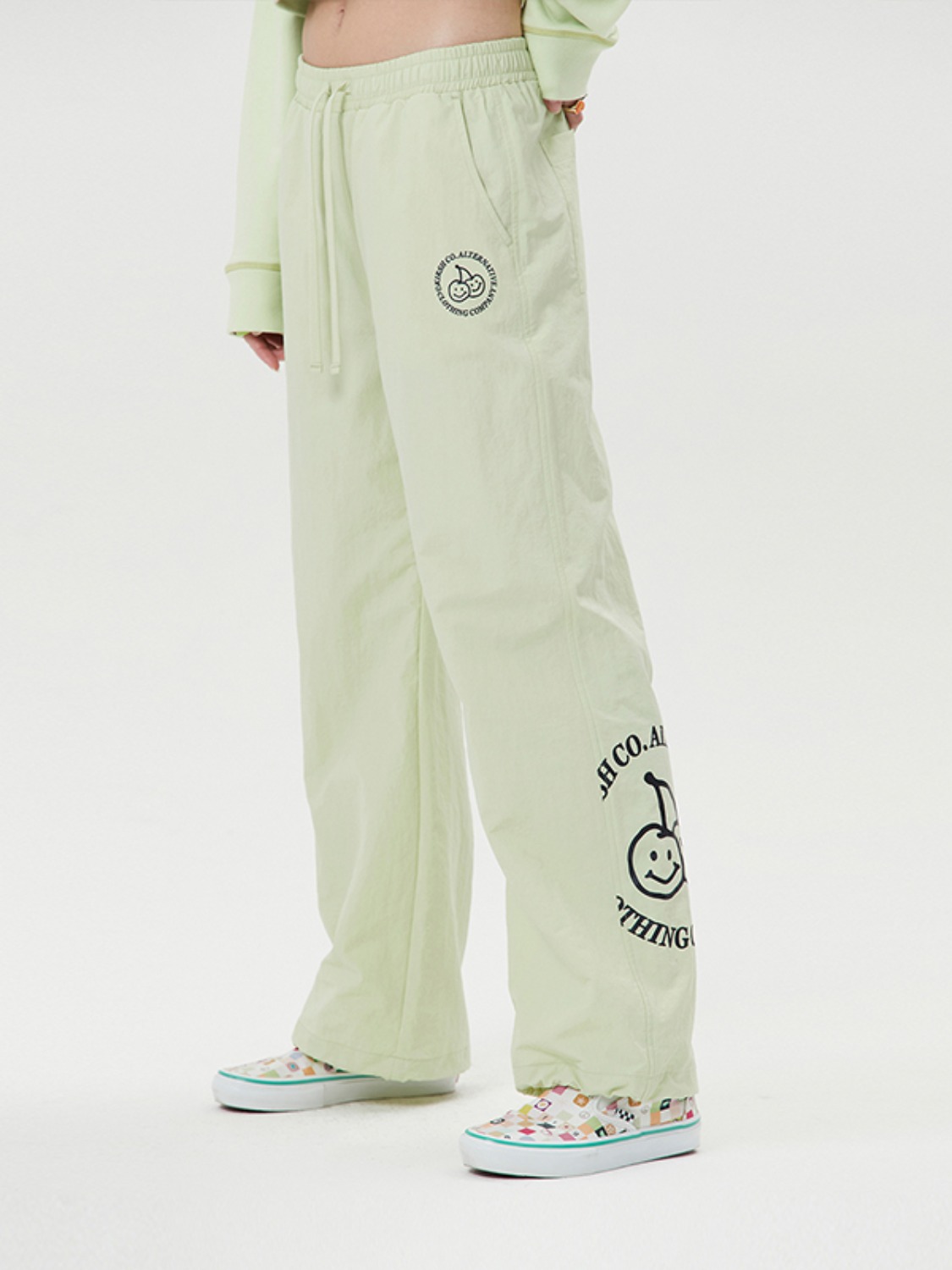 DOODLE CHERRY WOVEN WIDE PANTS [LIME]
