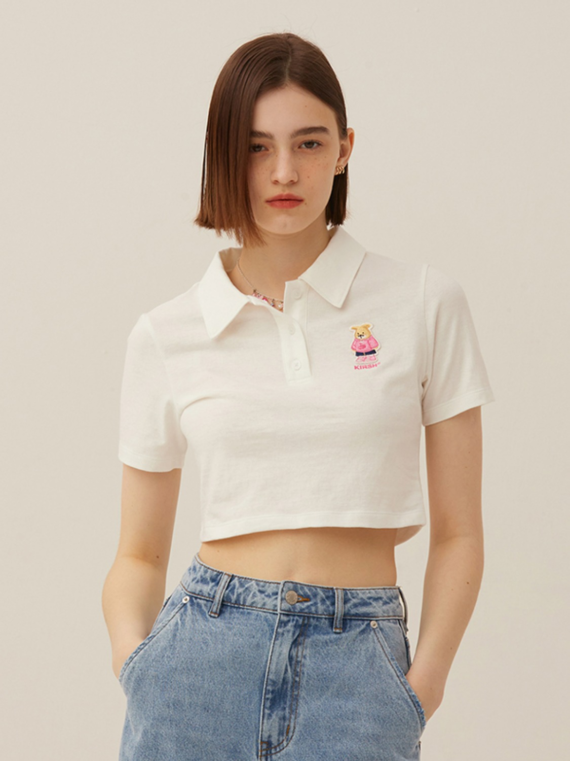 WITTY BUNNY CROP COLLAR T-SHIRT [IVORY]