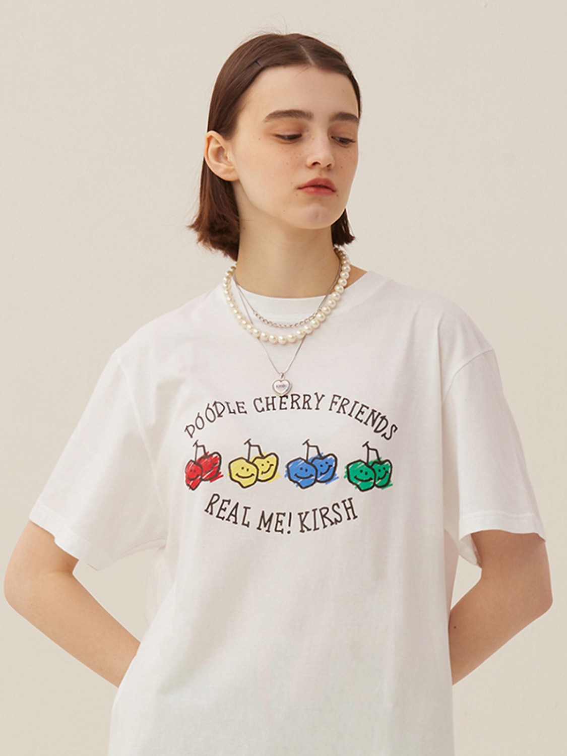 DOODLE CHERRY DRAWING PRINT SHORT SLEEVE T-SHIRT [WHITE]