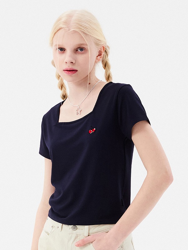 SMALL CHERRY SQUARE NECK CROP T-SHIRT [NAVY]