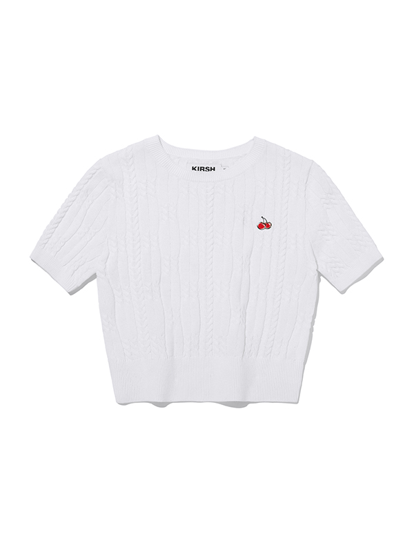 SMALL CHERRY CABLE CROP SHORT SLEEVE KNIT [WHITE]