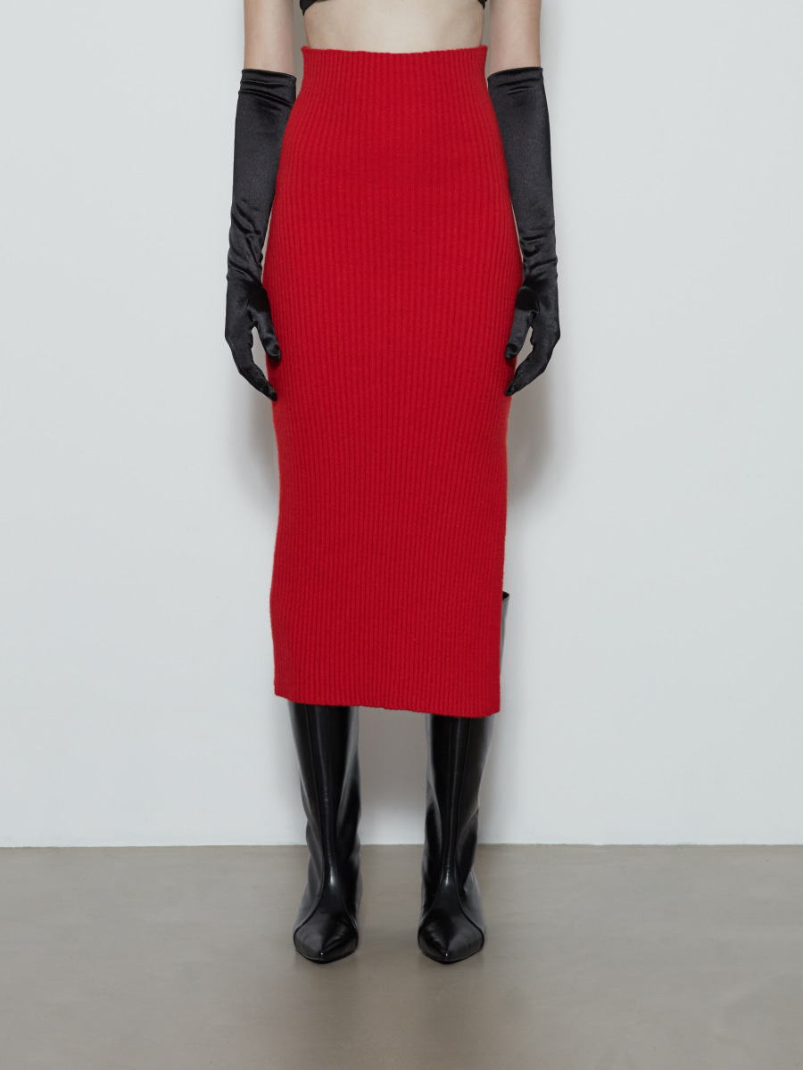 High-Waist Slit Knit Skirt (Red)