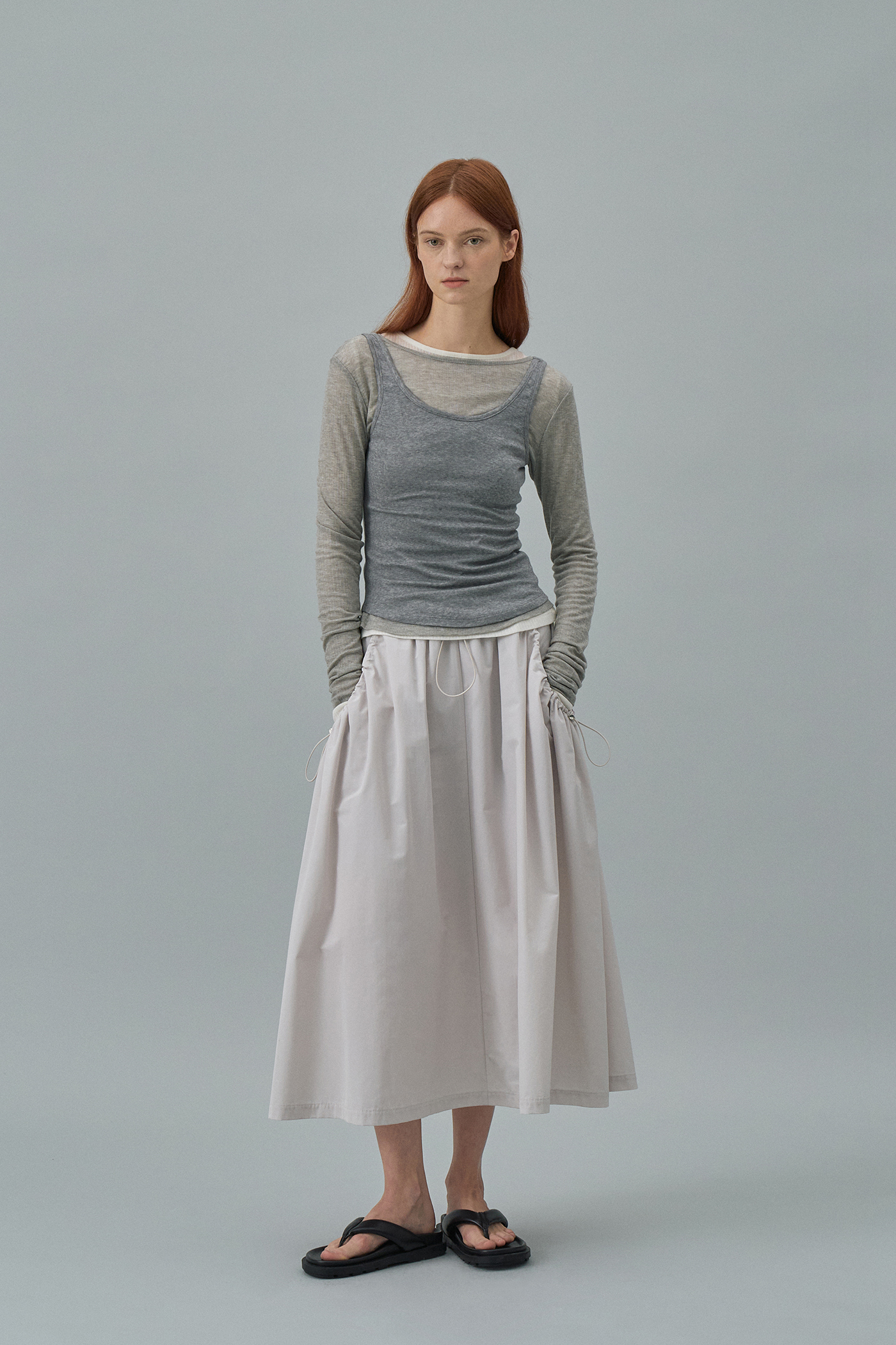 String Flare Skirt[LMBCAUSK404]-Light Gray