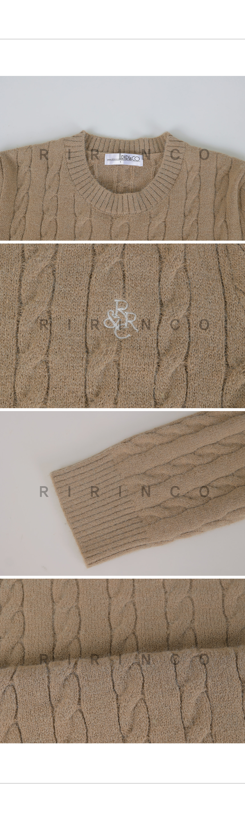 RIRINCO ケーブルレタリング刺繡セミクロップドニット 