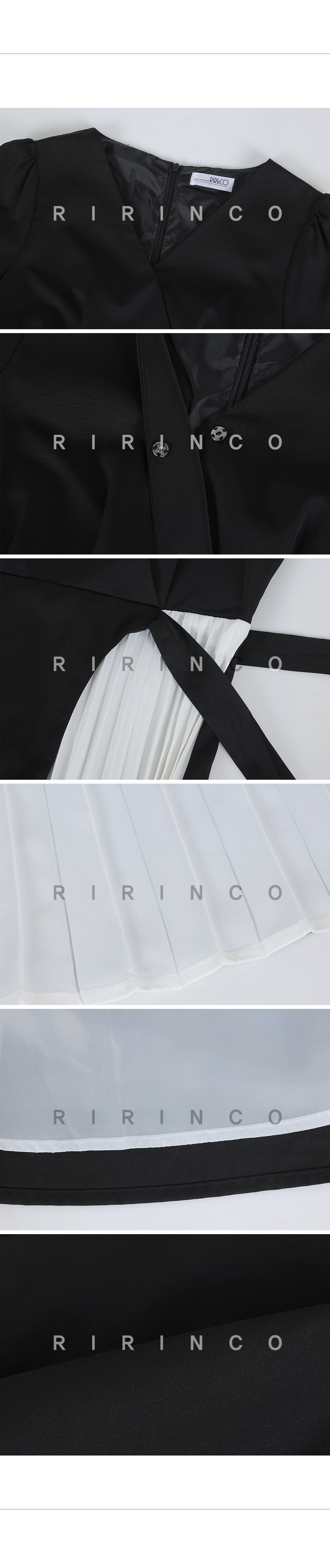 RIRINCO 配色プリーツサイドリボン半袖ロングワンピース