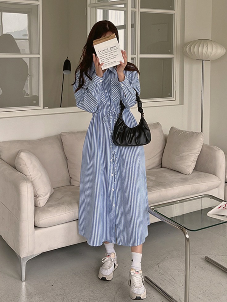 ウエストストリングストライプシャツワンピース | 韓国26' SPRING