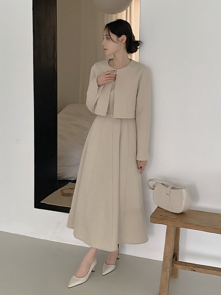 ツイードジャケット&ノースリーブロングワンピースセット | 韓国