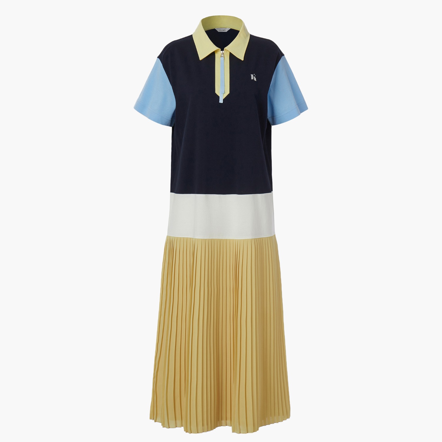 [Re-Stocked] COLOR BLOCK PLEATED PIQUE LONG DRESS, YELLOW
