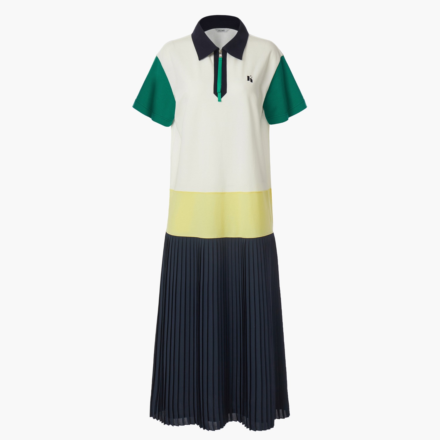 [Re-Stocked] COLOR BLOCK PLEATED PIQUE LONG DRESS, NAVY