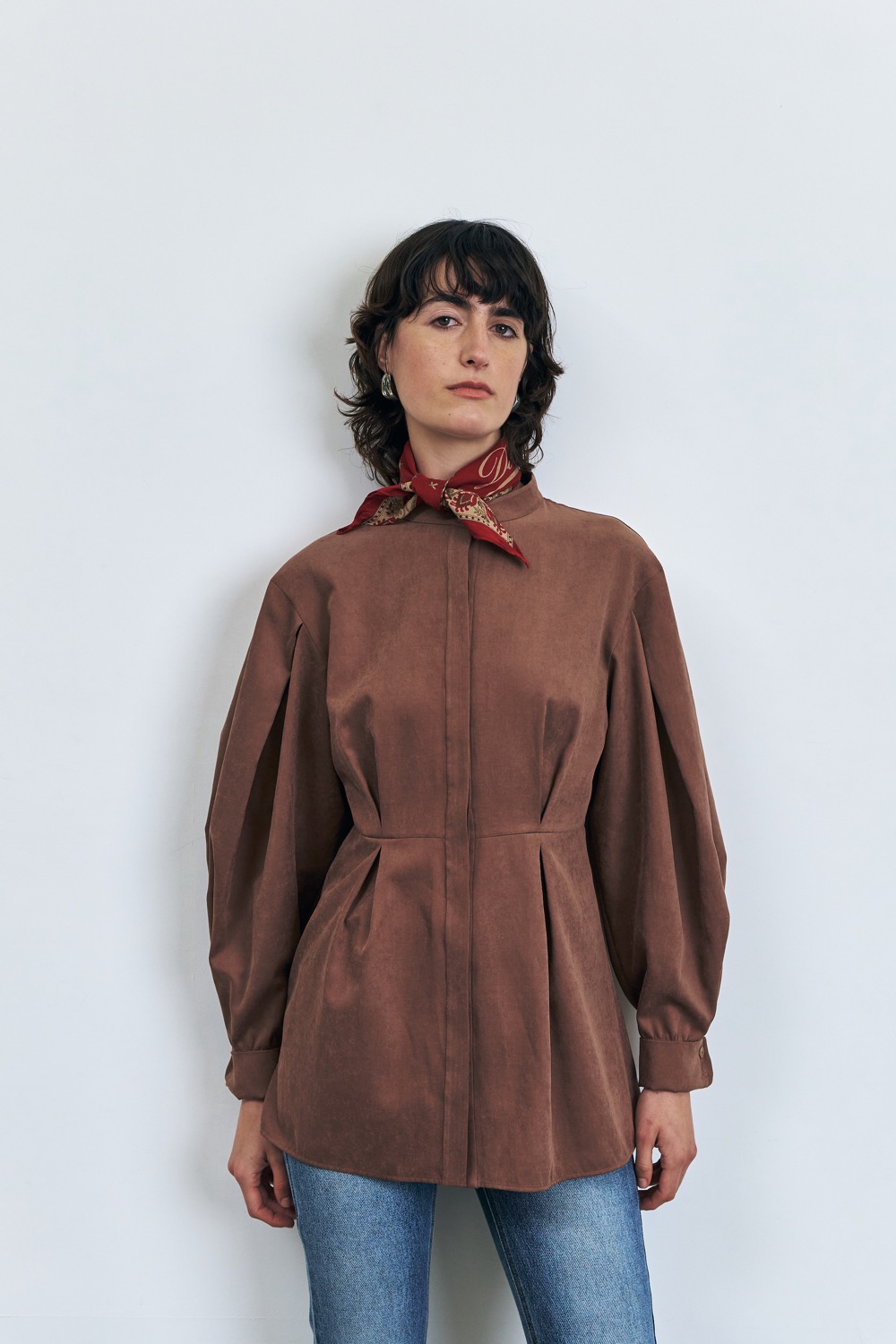 [23FW]Box Pleated Soft Volume Blouse, Brown