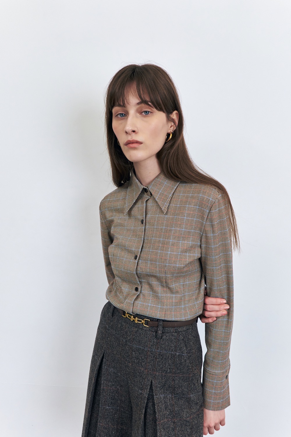 Checkered Fitted Blouse, Brown