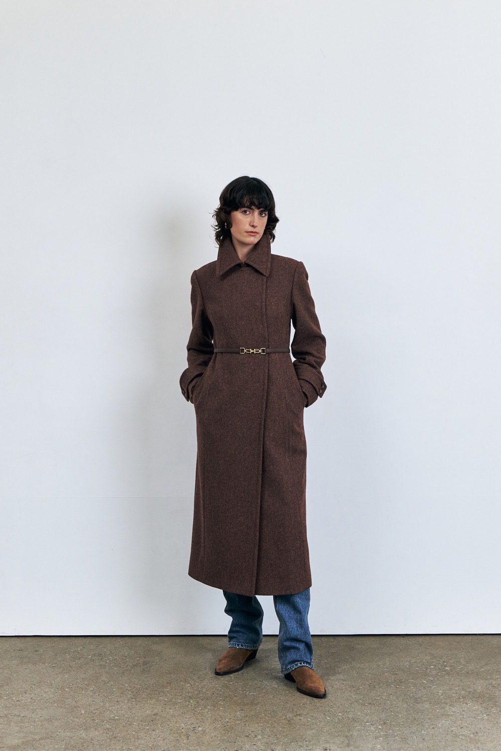 Double Breast Slim Wool Coat with Leather Belt, Brown