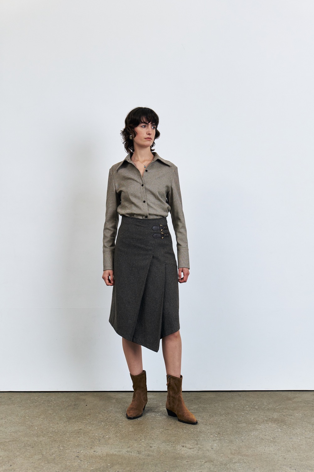 [23FW]Diagonal Pleated Wool Skirt, Khaki