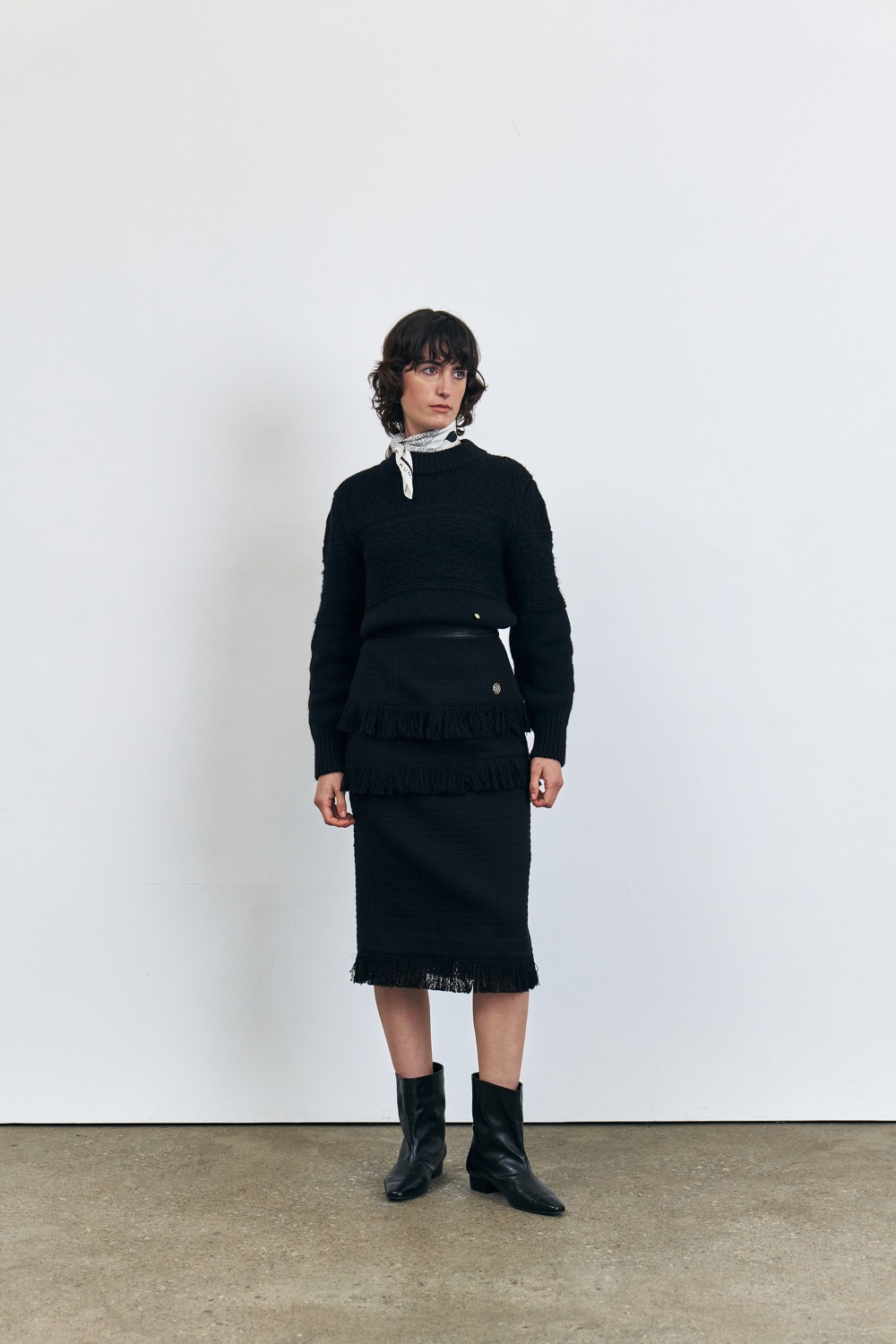 Tweed Fringe Midi Skirt, Black