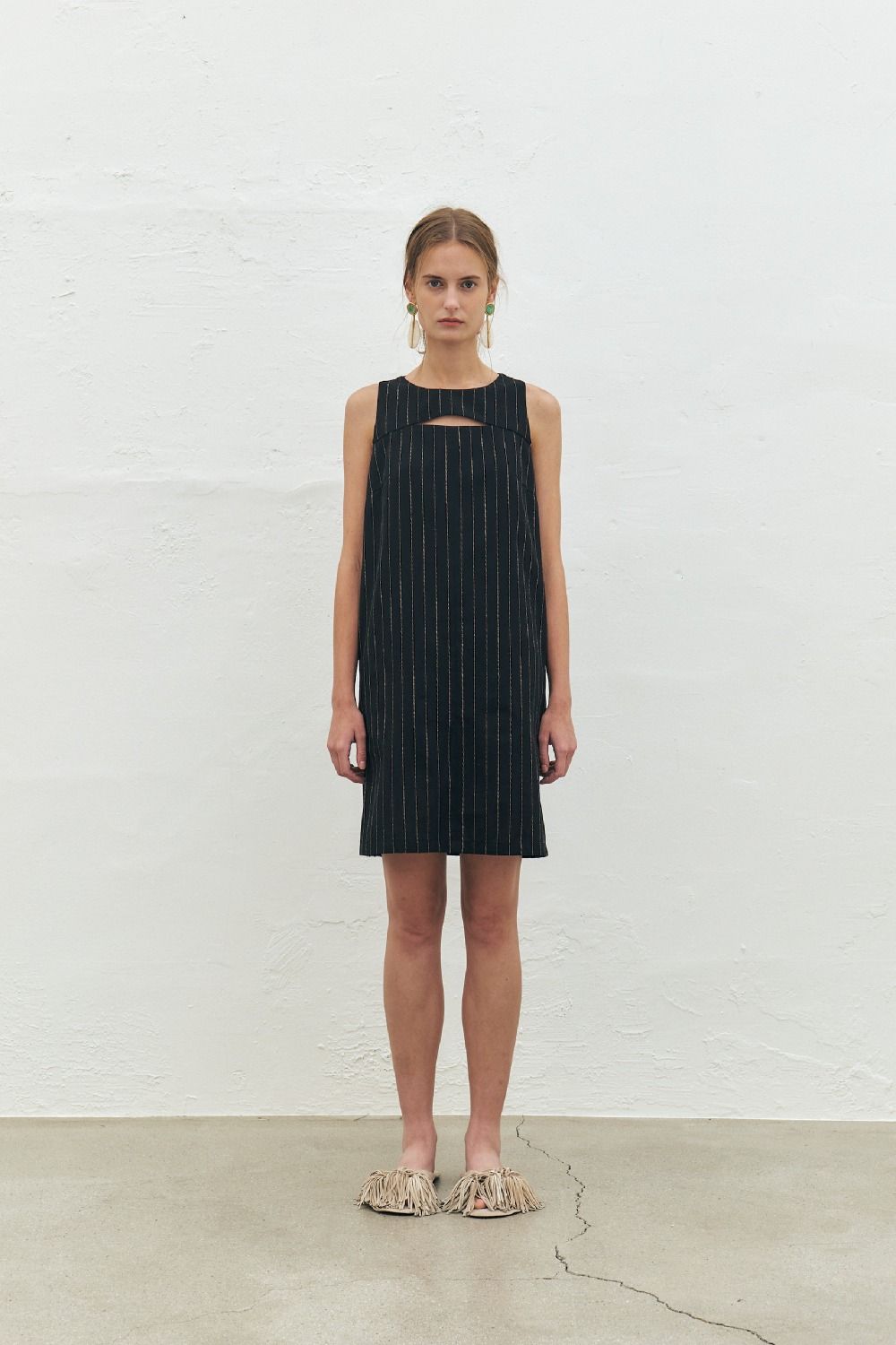 Striped Linen Blend O Ring Dress, Black